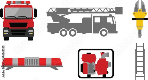 Fire and Emergency Response Apparatus Components Flat Vector Illustration Featuring Fire Engine Ladder Truck Jaws of Life and Emergency Light Bar