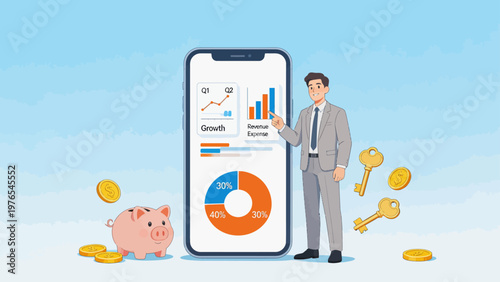 Businessman with financial charts and piggy bank