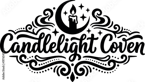 Black and white candlelight coven with crescent moon and decorative swirls