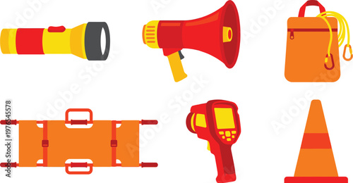 Fire Scene Management and Rescue Elements Flat Vector Pack Featuring Flashlight Megaphone Rope Bag Stretcher TIC and Traffic Cone Isolated