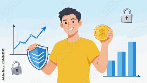 Man holding shield and coin with graphs