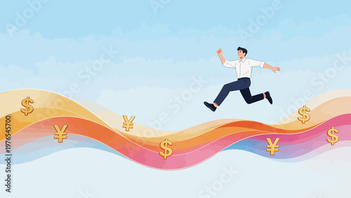 Man running on currency symbols