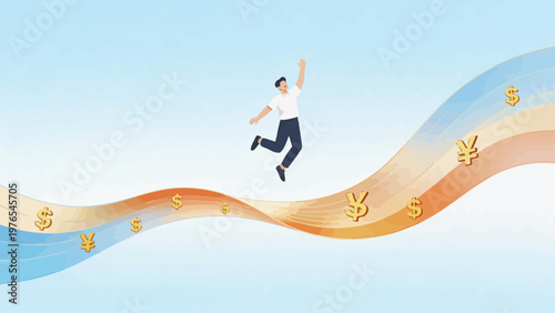 Person jumping on currency symbols