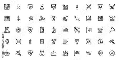 Medieval icon set. Vector illustration pack featuring castle, sword, shield, crown, viking ship, axe, archery, alchemy, treasure and more. Editable stroke.