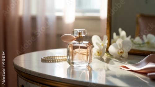 Luxury Perfume Bottle with Pearls and Orchids on Marble Table