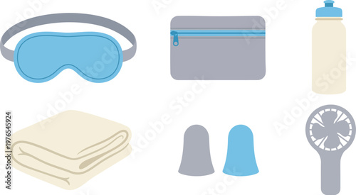 In-flight Comfort and Organization Items Flat Vector Set Featuring Sleep Mask Toiletry Pouch Water Bottle Travel Blanket and Earplugs Isolated