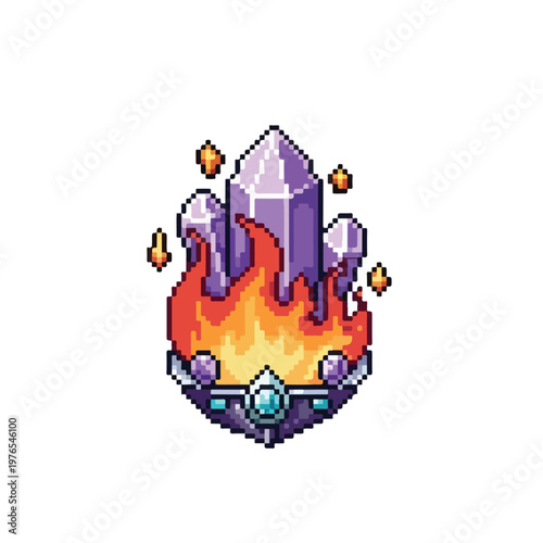 A vibrant pixel art illustration featuring purple crystals engulfed in intense orange flames, set within an ornate jeweled metallic base.