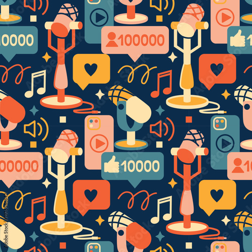 Seamless retro content creation pattern with microphone, smartphone and record icons. Playful podcasting and blogging background for media wallpaper design.