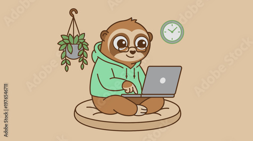 A cartoon sloth sits cross-legged on a cushion with a laptop, wearing a green hoodie, surrounded by a hanging plant and clock on a beige background.