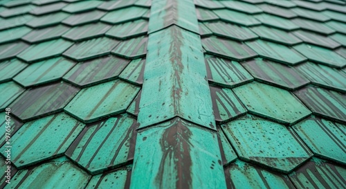 Close-up of a copper roof patina, weathered texture, green oxidation, architectural detail, abstract.-gigapixel