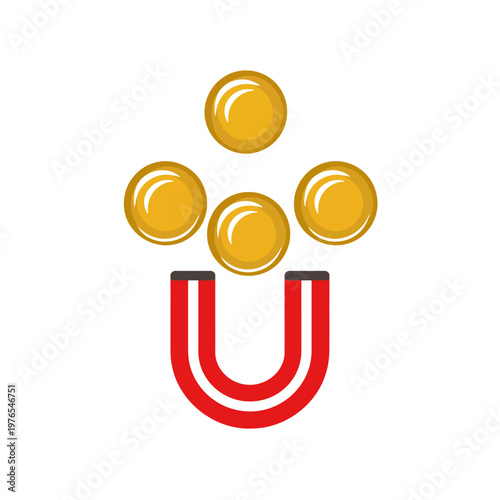 A cartoon image depicting coins above a magnet, suggesting attraction. The colors are white, red, brown, and gold