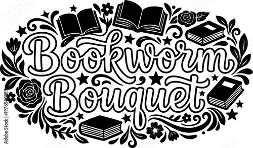 Black and white bookworm bouquet lettering with books and floral elements vector art