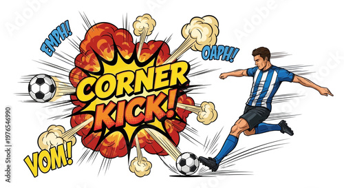 Soccer Player Kicking Ball, Comic Book Style Corner Kick Explosion