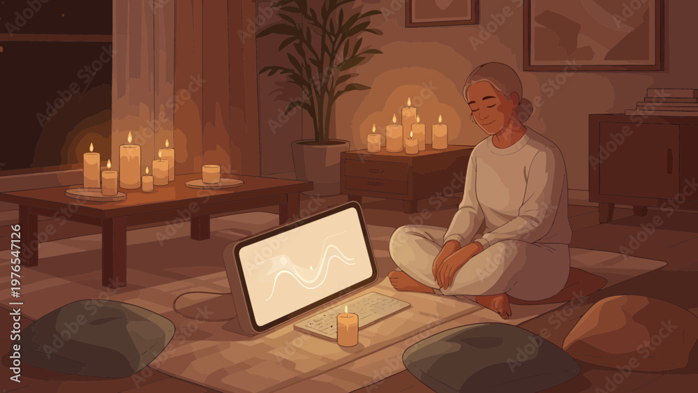 Fototapeta premium Woman Meditating in a Candlelit Room with a Laptop.