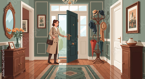 Woman entering a house with a handbag.