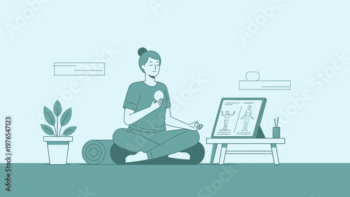 Woman meditating online with virtual instructor on tablet screen.