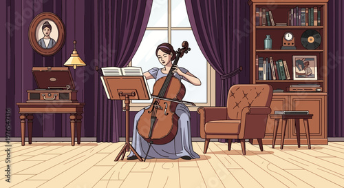 Woman playing cello in a vintage room.