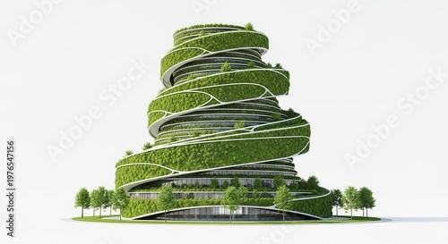 3D render of a futuristic eco-architecture, organic spiral shape, green walls, vertical forest, sustainable city of the future, white background.-gigapixel
