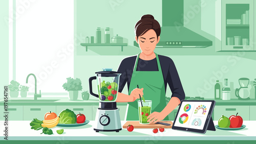 Woman preparing healthy green smoothie in kitchen.