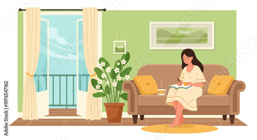Woman reading a book on a comfortable sofa.