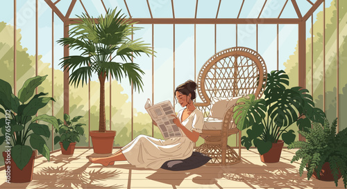 Woman reading a newspaper in a sunlit greenhouse.