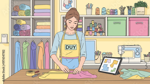 Woman sewing fabric at a table with sewing machine.
