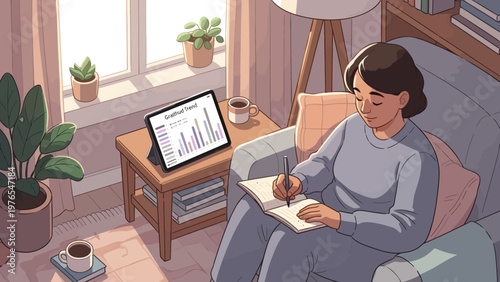 Woman studying and working on a tablet at home.