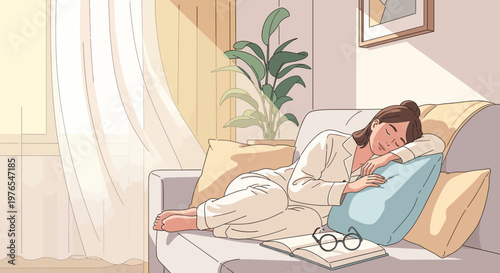 Woman sleeping peacefully on a couch in soft light.