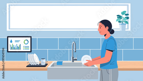 Woman washing dishes in modern kitchen sink.