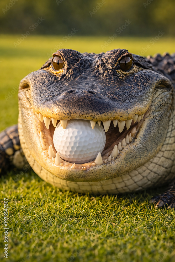 Fototapeta premium Alligator Holding Golf Ball in Its Teeth, Intense Front View Close-Up