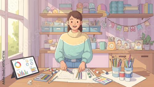 Young woman artist focused on creative project at desk.