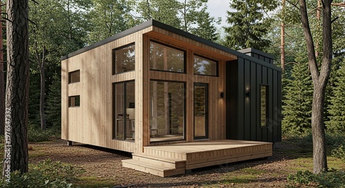 A 3D rendering of a modular tiny home, compact, modern, wood and metal, forest setting, sustainable living, front view.-gigapixel