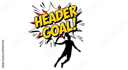 Soccer Player Silhouette Heading Ball, Text "HEADER GOAL!" in Comic Style