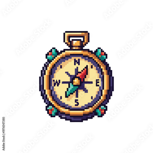 A detailed pixel art vector of a golden compass featuring colorful accents and cardinal directions, perfect for games and adventure themes.