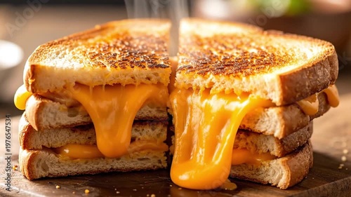 Mouth-watering grilled cheese sandwich with melted cheddar cheese oozing out, served hot on a wooden cutting board.
