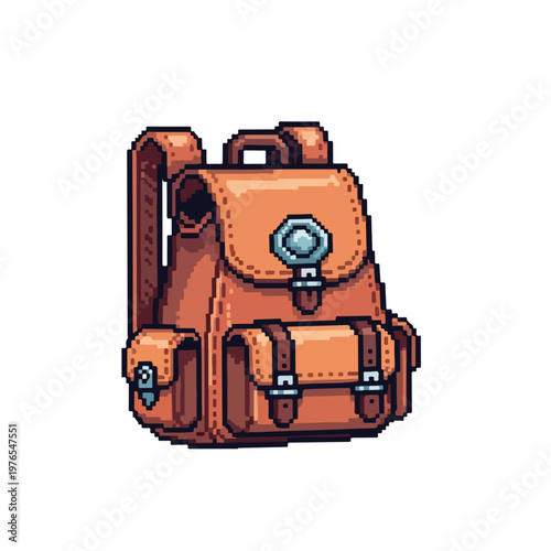 A detailed pixel art vector showcasing a brown leather backpack with multiple compartments and metallic buckles on a white background.