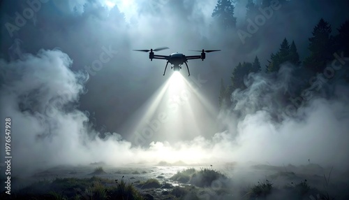Futuristic drone with a powerful searchlight piercing through a thick, eerie mist, performing an aerial surveillance or exploratory mission in a mysterious forest at night