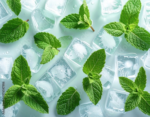 Fresh green mint leaves atop clear ice cubes on a cool-toned surface