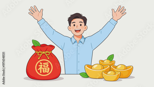 cartoon man with money and gold