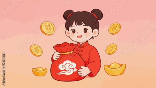 Cartoon girl with red money bag and coins