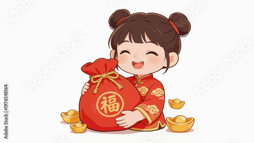 Cartoon girl holding red lucky bag