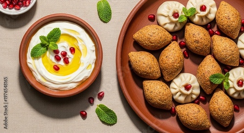 A delicious Middle Eastern meal featuring kibbeh and yogurt sauce on a rustic table setting