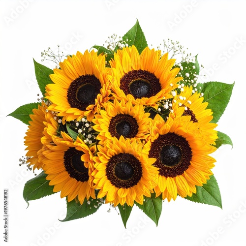 Bouquet of sunflowers and small white flowers, green leaves