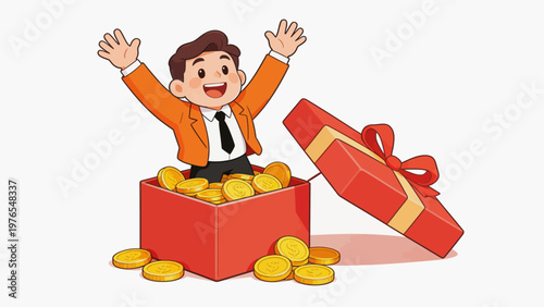 Man in gift box with coins