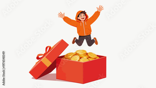 joyful person jumping from gift box with coins
