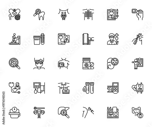 Health Check Up icon set. Medical vector icons pack. Includes symbols for bones, dentist, X-ray, blood test, exercise, doctor, scan, medicines, examination and more. Editable stroke.