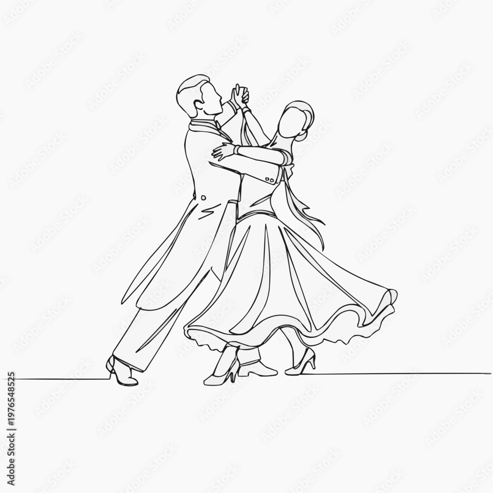 Fototapeta premium Couple dancing a waltz in elegant attire on a plain background, sport concept 