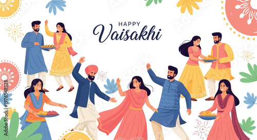 Illustrations showcase a joyful Vaisakhi festival celebration with people in traditional Punjabi dress enjoying folk dance, set against a festive background with bright colors