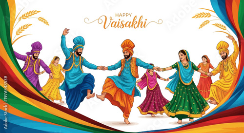Vaisakhi cultural festival vector illustration featuring a group of people in traditional Punjabi dress joyfully performing bhangra dance against a vibrant background, celebrating