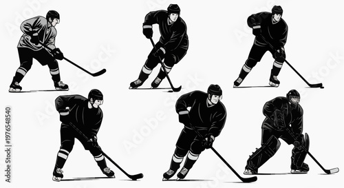 Silhouettes of hockey players in motion performing various actions, sport concept 